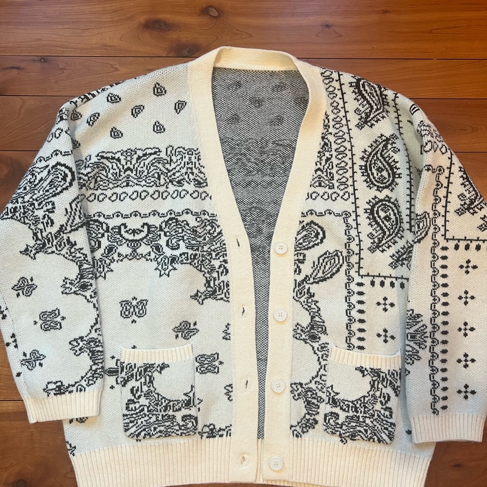 Women's Cream and Black Patterned Cardigan
